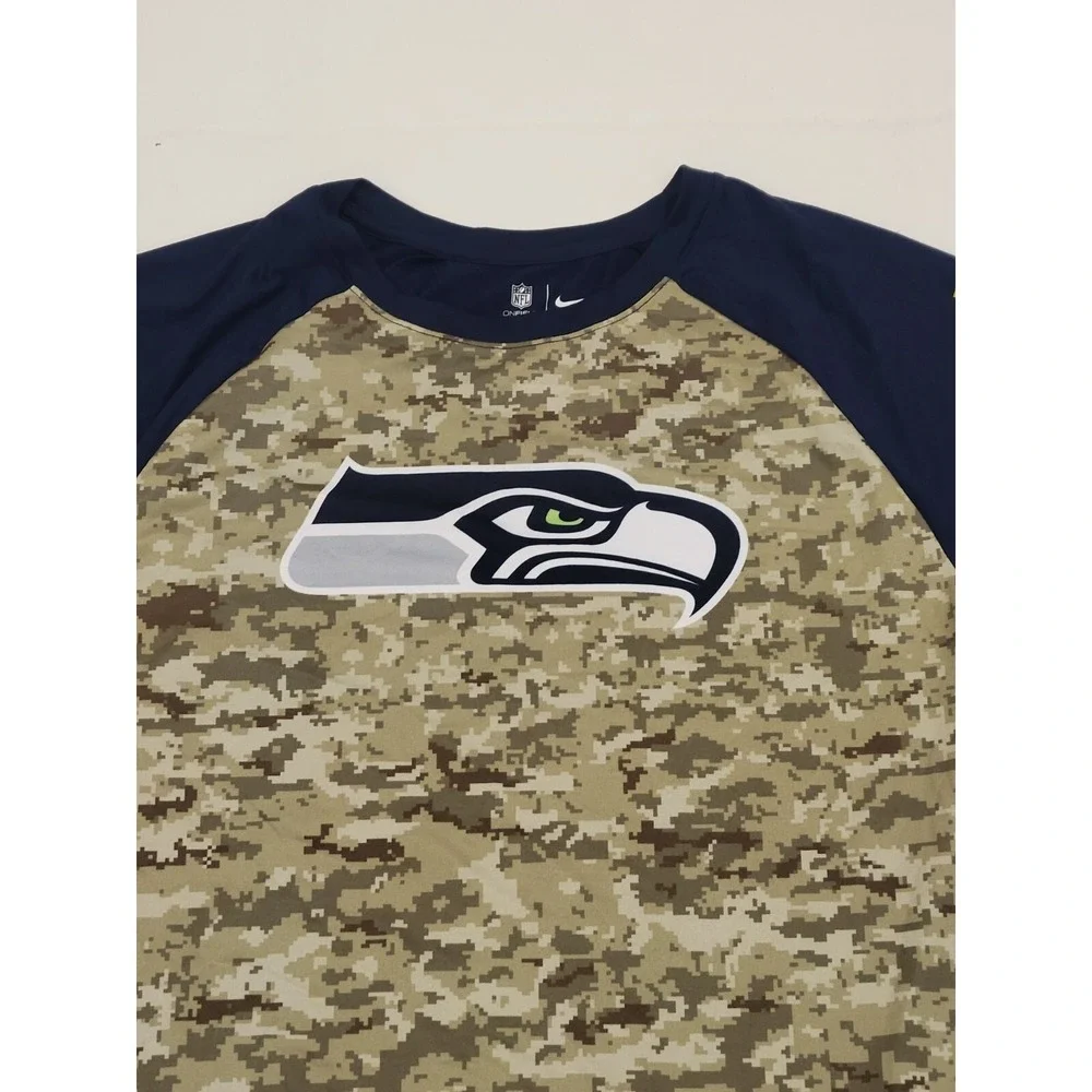 Nike Seattle Seahawks Shirt Large Adult Green Camo‎ Blue MIlitary Logo Flag Mens